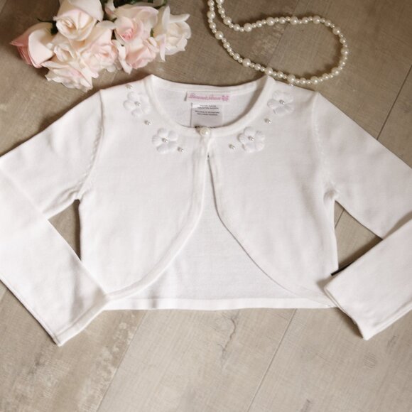 Girls Cotton White Sweater Cardigan Shrug Bolero Pearls Floral Appliqués NWT - Picture 1 of 3